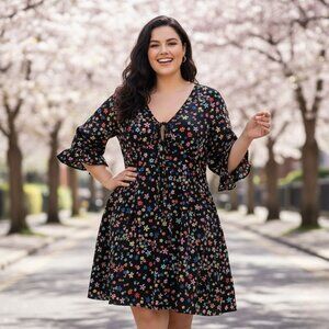 ASOS Design Curve Mini Dress Floral Multicolor Tie Front V-Neck Flare Plus Size